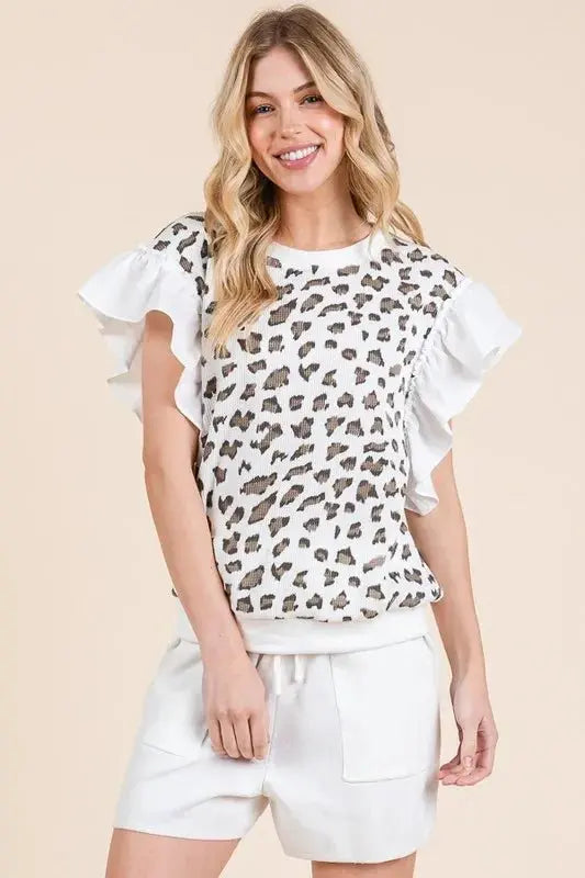 Lime 'N' Chili Ribbed Leopard Print Ruffle Detail Sleeveless Top - Love Salve